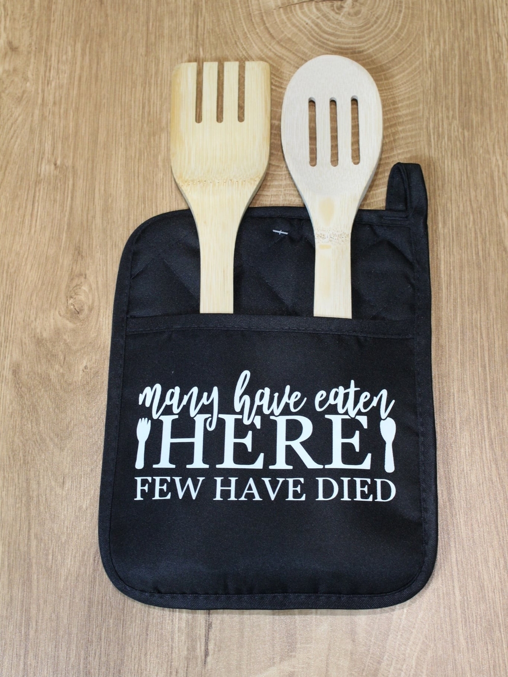 Handmade Black Kitchen Potholder With Wooden Utensils